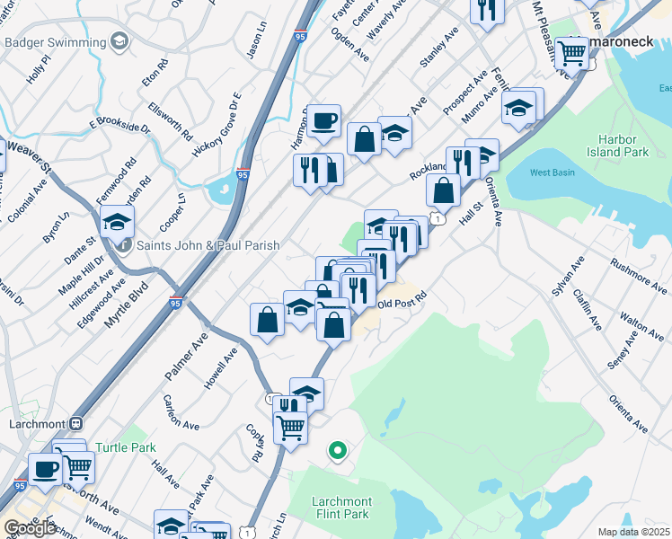 map of restaurants, bars, coffee shops, grocery stores, and more near 300 Richbell Road in Mamaroneck