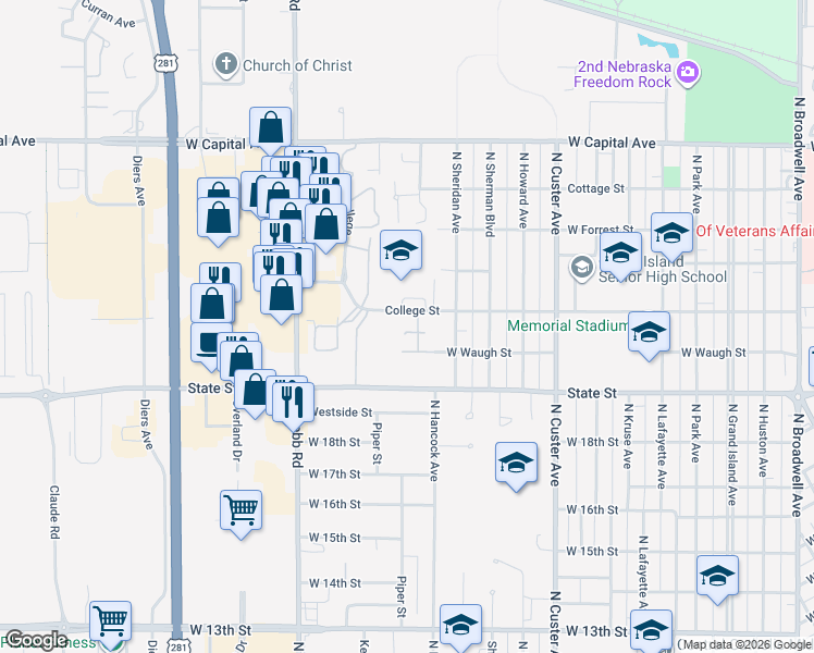 map of restaurants, bars, coffee shops, grocery stores, and more near 3204 College Street in Grand Island