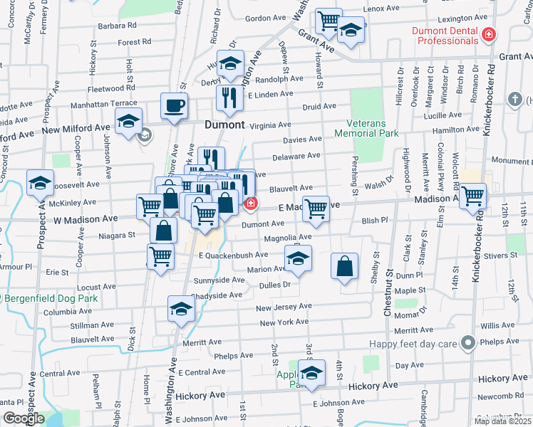 map of restaurants, bars, coffee shops, grocery stores, and more near 101 East Madison Avenue in Dumont