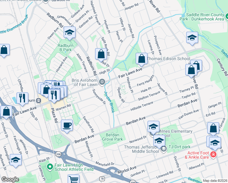 map of restaurants, bars, coffee shops, grocery stores, and more near 13-52 Sperber Road in Fair Lawn