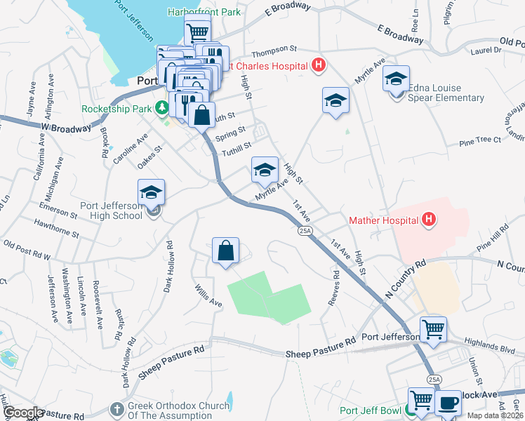 map of restaurants, bars, coffee shops, grocery stores, and more near 114 Myrtle Avenue in Port Jefferson