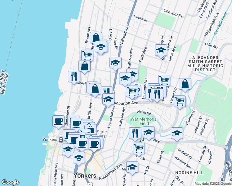 map of restaurants, bars, coffee shops, grocery stores, and more near 190 North Broadway in Yonkers