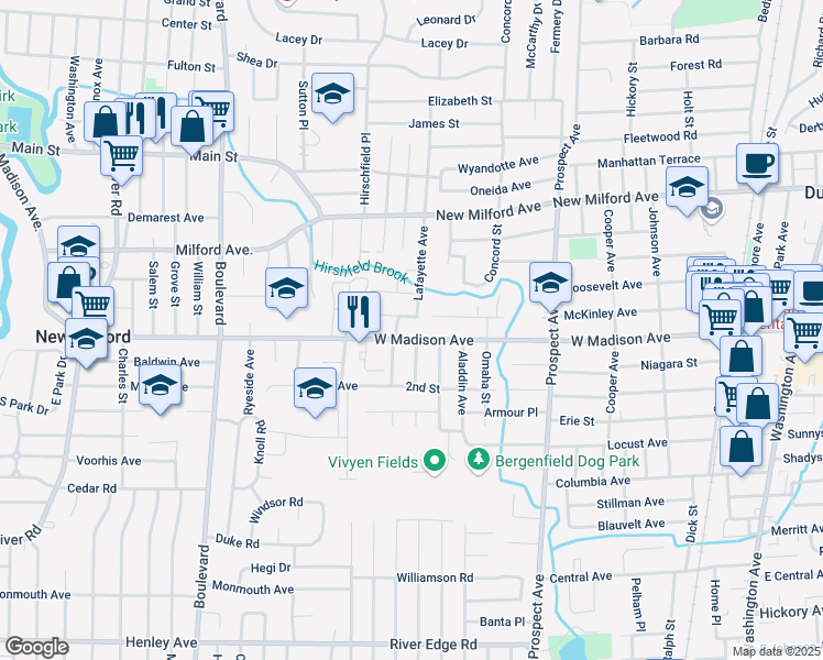 map of restaurants, bars, coffee shops, grocery stores, and more near 9 Lafayette Avenue in Dumont