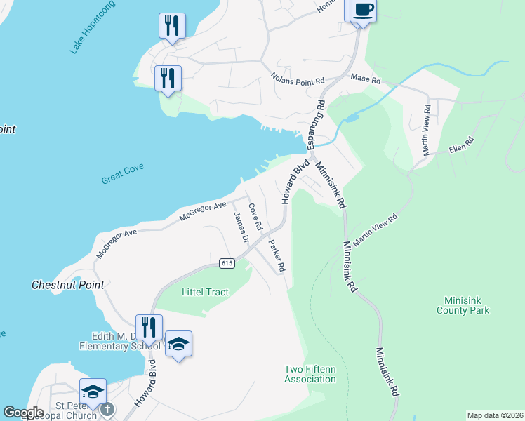 map of restaurants, bars, coffee shops, grocery stores, and more near 20 Cove Road in Mount Arlington