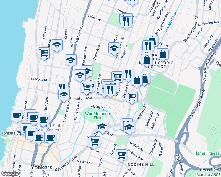 map of restaurants, bars, coffee shops, grocery stores, and more near 5 Whelan Place in Yonkers