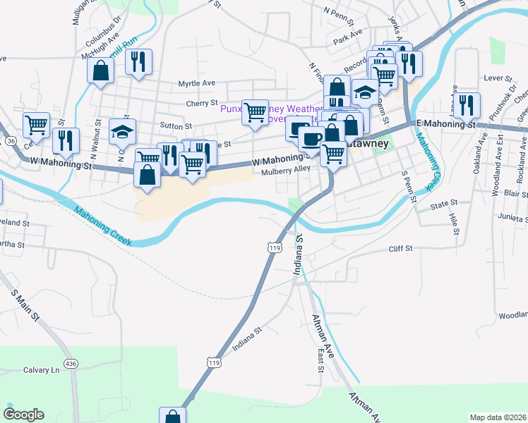 map of restaurants, bars, coffee shops, grocery stores, and more near 130 Maple Avenue in Punxsutawney