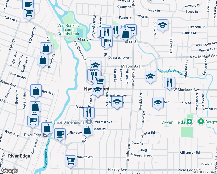 map of restaurants, bars, coffee shops, grocery stores, and more near 237 Madison Avenue in New Milford
