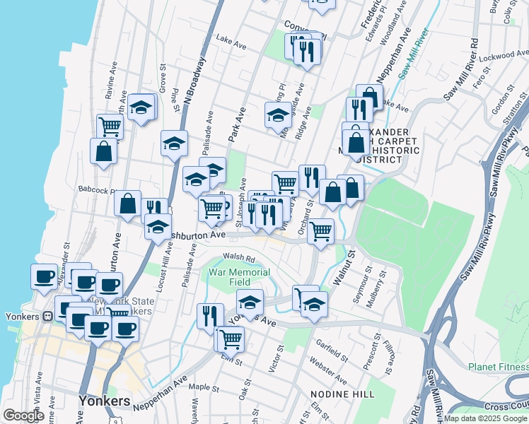 map of restaurants, bars, coffee shops, grocery stores, and more near 5 Whelan Place in Yonkers