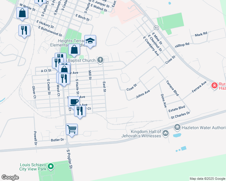 map of restaurants, bars, coffee shops, grocery stores, and more near D Court in Hazleton