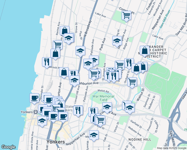 map of restaurants, bars, coffee shops, grocery stores, and more near 23 Park Avenue in Yonkers