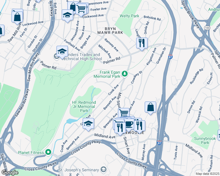 map of restaurants, bars, coffee shops, grocery stores, and more near 27 Marwood Lane in Yonkers