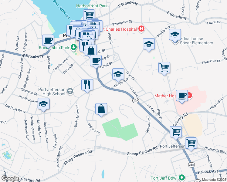 map of restaurants, bars, coffee shops, grocery stores, and more near 103 Myrtle Avenue in Port Jefferson