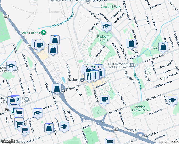 map of restaurants, bars, coffee shops, grocery stores, and more near in Fair Lawn