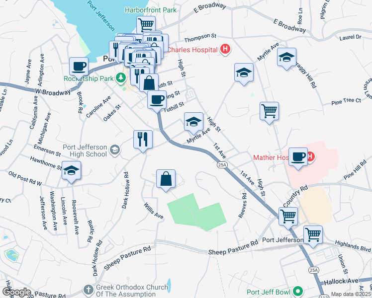 map of restaurants, bars, coffee shops, grocery stores, and more near 632 Main Street in Port Jefferson
