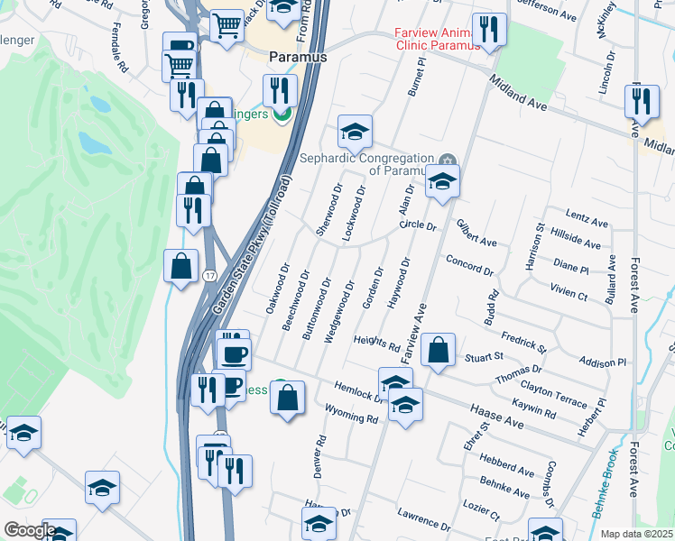 map of restaurants, bars, coffee shops, grocery stores, and more near 294 Buttonwood Drive in Paramus