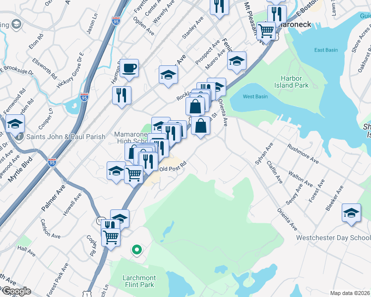 map of restaurants, bars, coffee shops, grocery stores, and more near 953 U.S. 1 in Mamaroneck