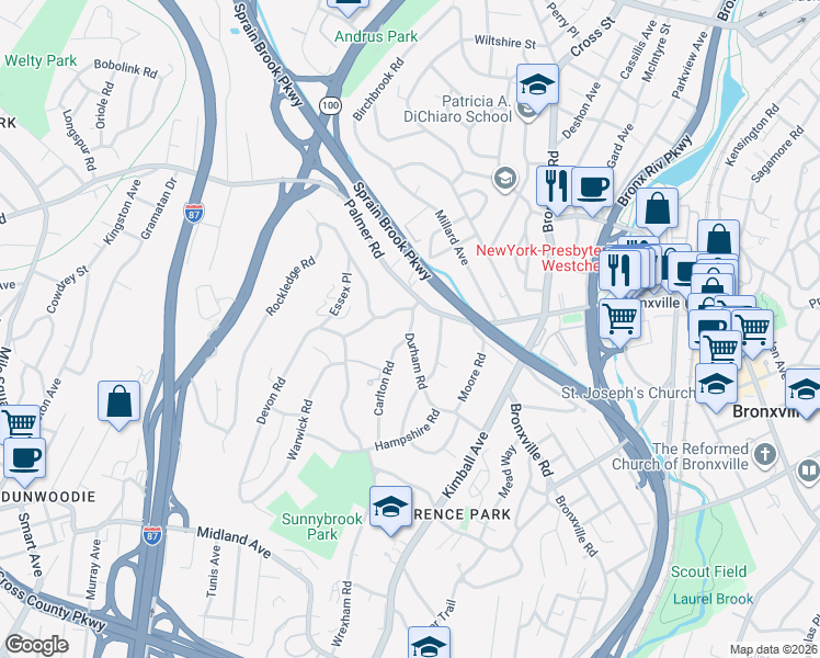 map of restaurants, bars, coffee shops, grocery stores, and more near 65 Durham Road in Yonkers