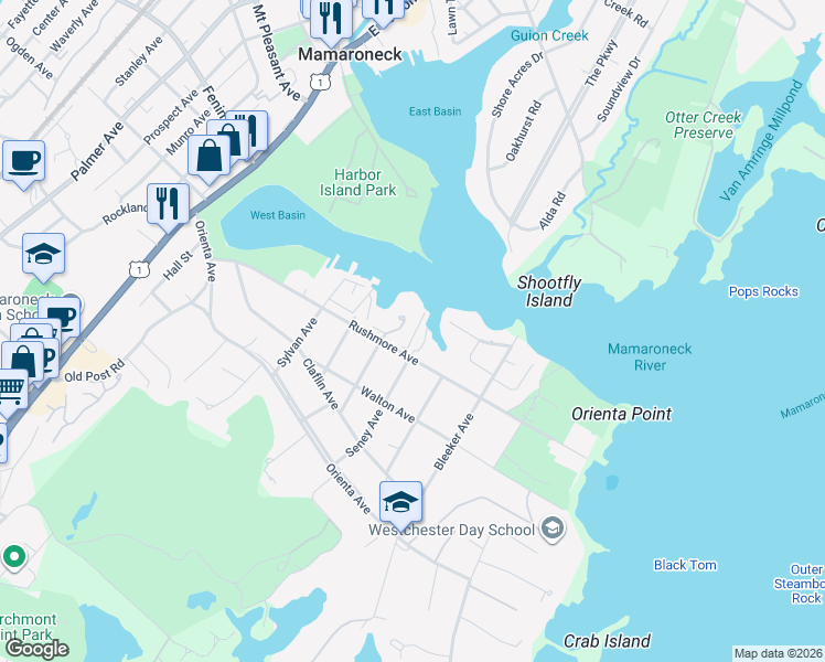 map of restaurants, bars, coffee shops, grocery stores, and more near 622 Rushmore Avenue in Mamaroneck