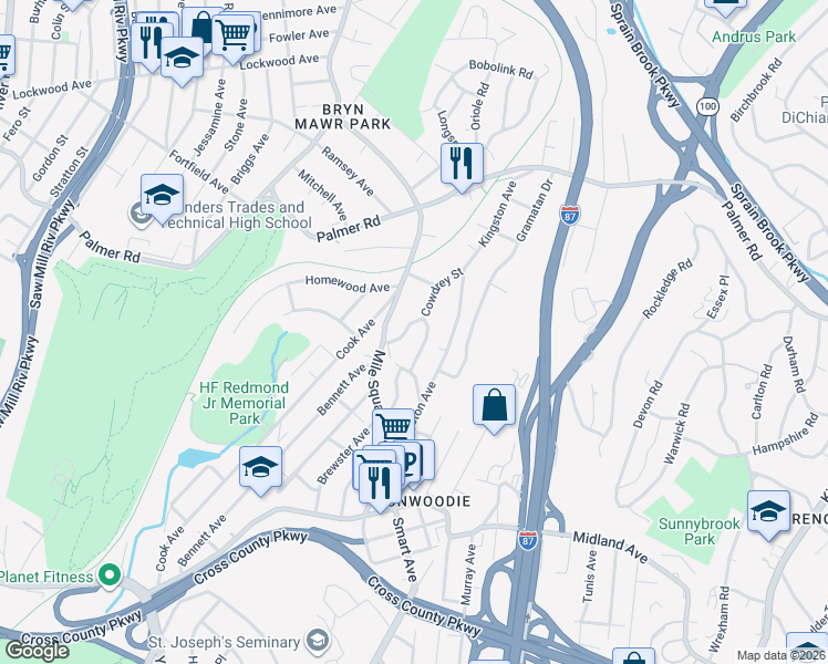 map of restaurants, bars, coffee shops, grocery stores, and more near 44 Cowdrey Street in Yonkers