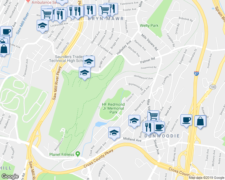 map of restaurants, bars, coffee shops, grocery stores, and more near 160 Homewood Avenue in Yonkers