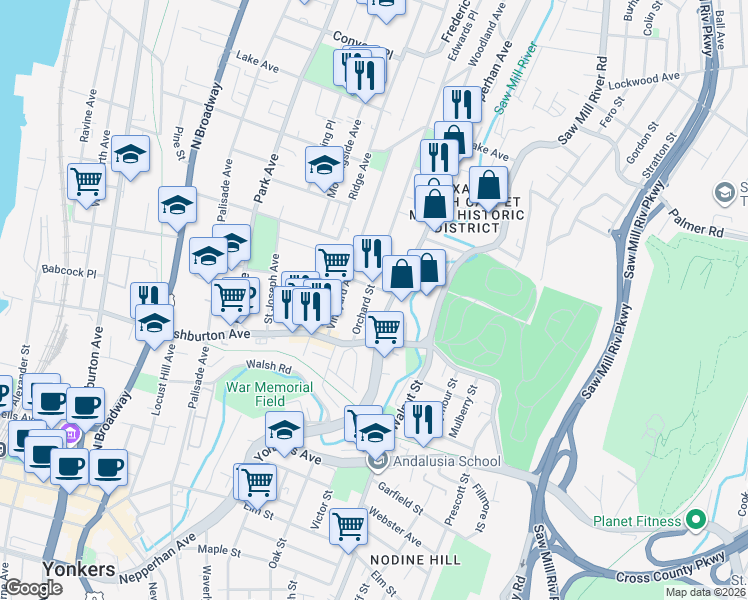 map of restaurants, bars, coffee shops, grocery stores, and more near 2 Myrtle Street in Yonkers