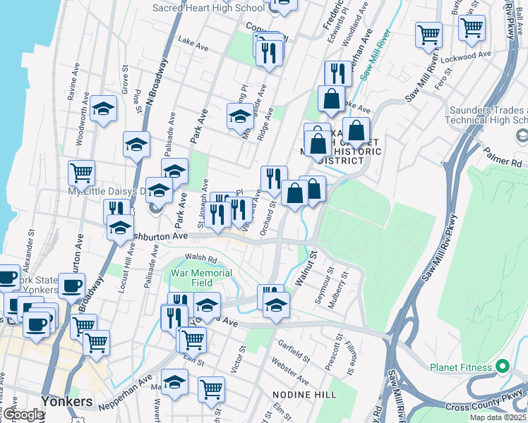 map of restaurants, bars, coffee shops, grocery stores, and more near 2 Myrtle Street in Yonkers