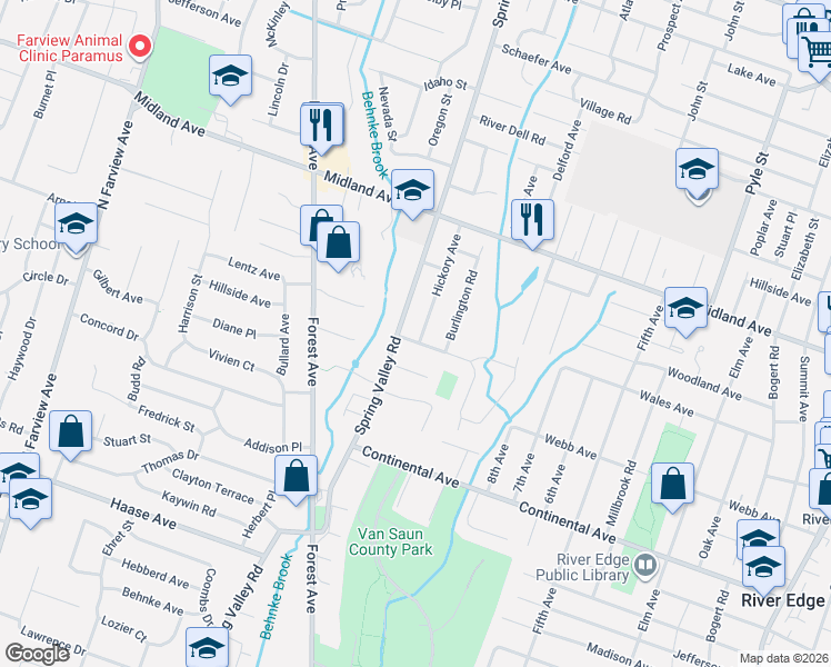 map of restaurants, bars, coffee shops, grocery stores, and more near 376 Spring Valley Road in Paramus
