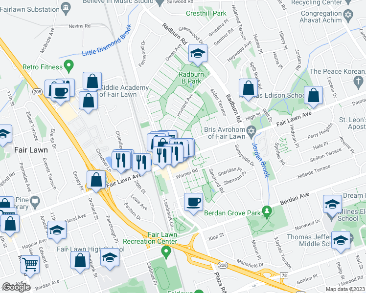 map of restaurants, bars, coffee shops, grocery stores, and more near 302 High Street in Fair Lawn