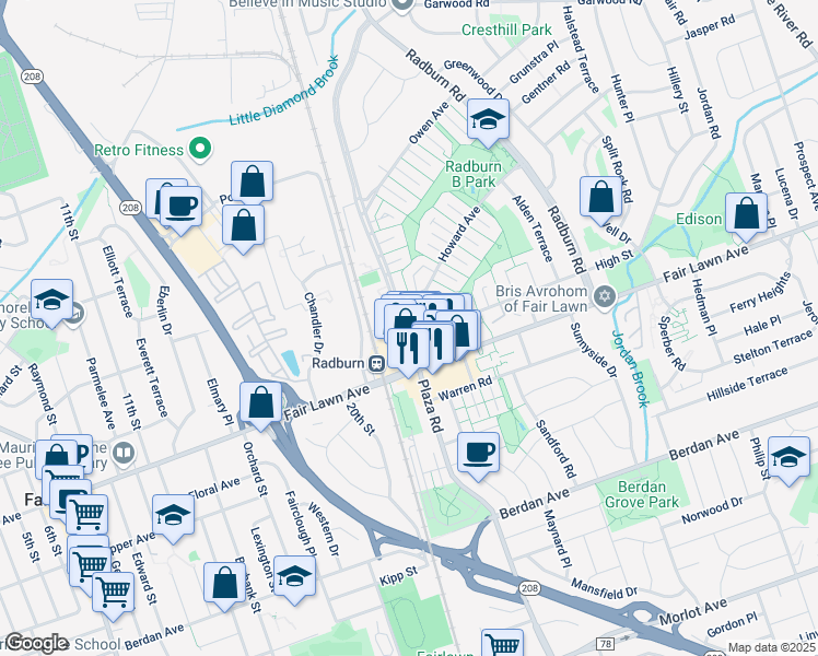 map of restaurants, bars, coffee shops, grocery stores, and more near in Fair Lawn