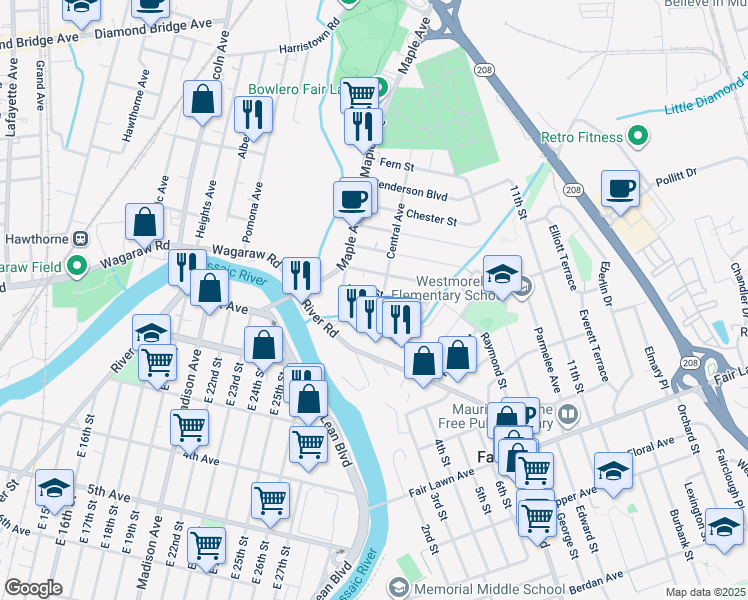 map of restaurants, bars, coffee shops, grocery stores, and more near 7-15 Lake Street in Fair Lawn