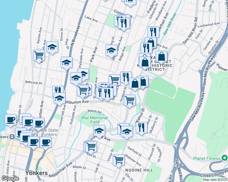 map of restaurants, bars, coffee shops, grocery stores, and more near 27 Vineyard Avenue in Yonkers
