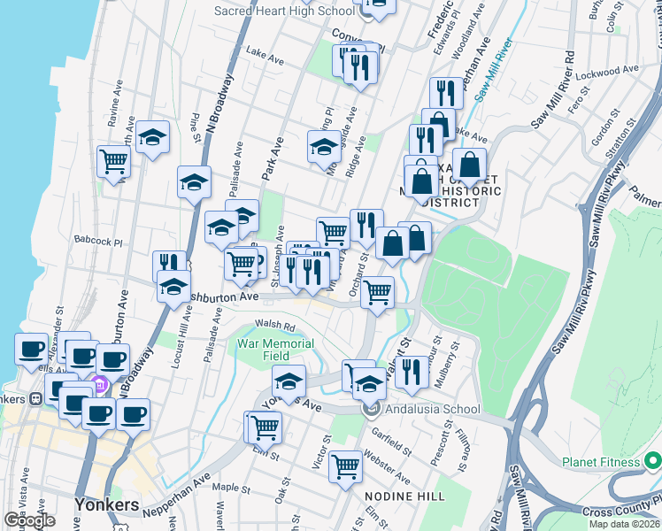 map of restaurants, bars, coffee shops, grocery stores, and more near 27 Vineyard Avenue in Yonkers