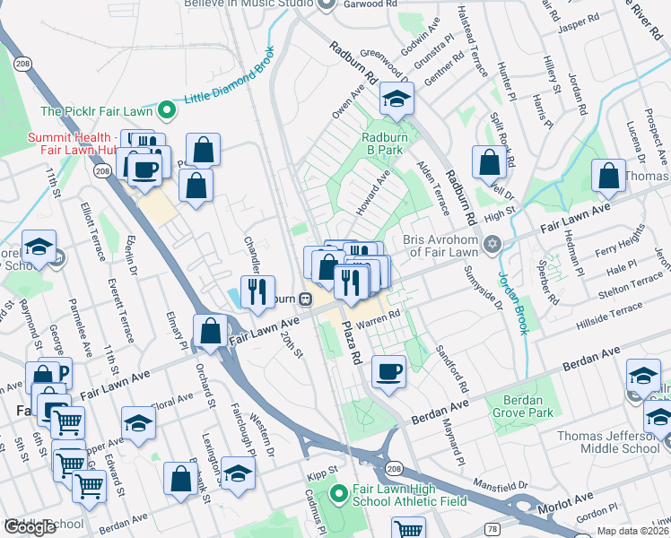 map of restaurants, bars, coffee shops, grocery stores, and more near in Fair Lawn