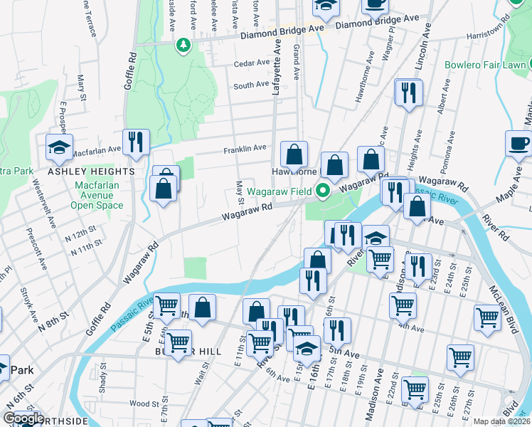 map of restaurants, bars, coffee shops, grocery stores, and more near 204 Wagaraw Road in Hawthorne