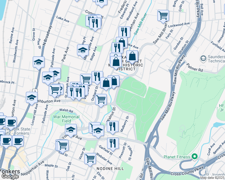 map of restaurants, bars, coffee shops, grocery stores, and more near 25 Saw Mill River Road in Yonkers