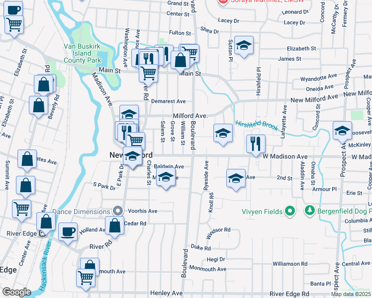 map of restaurants, bars, coffee shops, grocery stores, and more near 354 William Street in New Milford