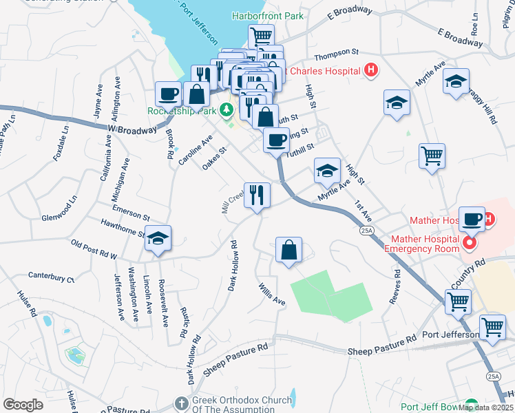 map of restaurants, bars, coffee shops, grocery stores, and more near 128 Liberty Avenue in Port Jefferson