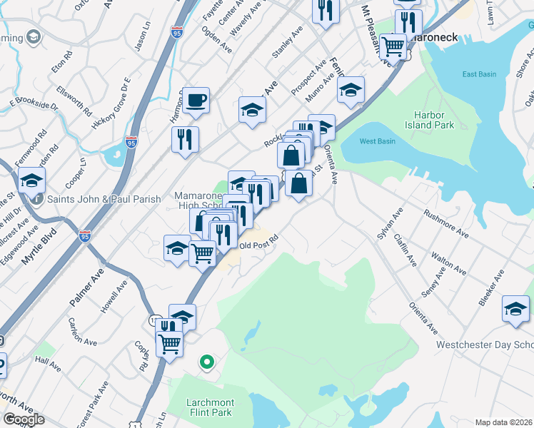 map of restaurants, bars, coffee shops, grocery stores, and more near 953 U.S. 1 in Mamaroneck