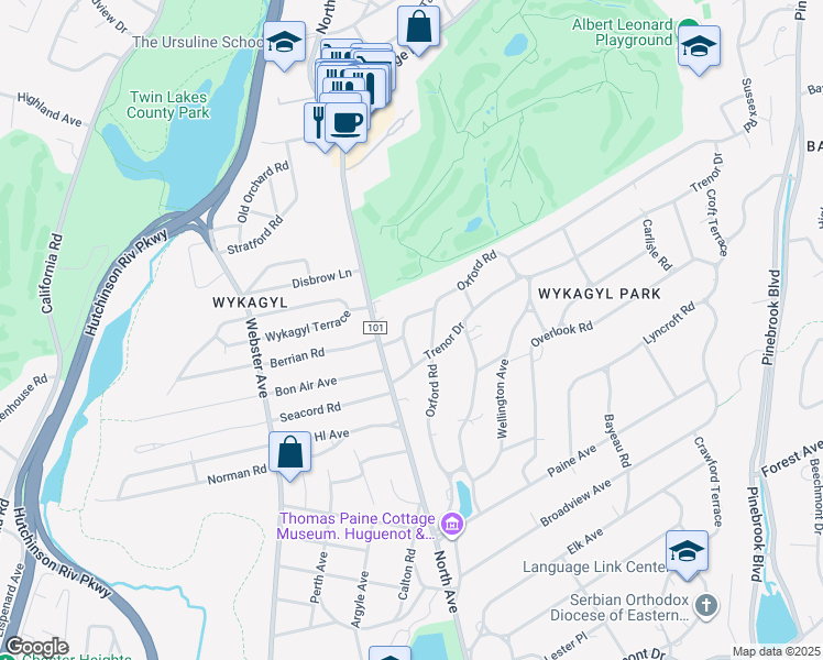 map of restaurants, bars, coffee shops, grocery stores, and more near 35 Avon Road in New Rochelle
