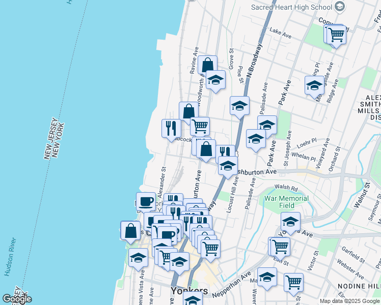 map of restaurants, bars, coffee shops, grocery stores, and more near 107 Woodworth Avenue in Yonkers