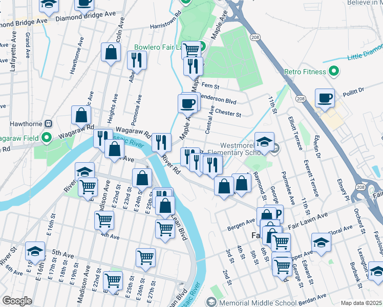 map of restaurants, bars, coffee shops, grocery stores, and more near 7-15 Lake Street in Fair Lawn