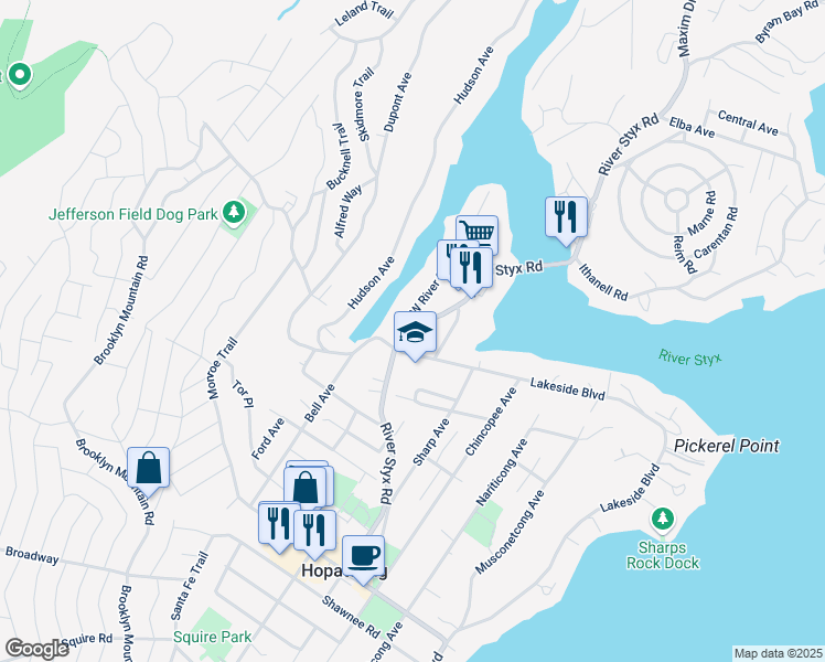 map of restaurants, bars, coffee shops, grocery stores, and more near 4 West River Styx Road in Hopatcong