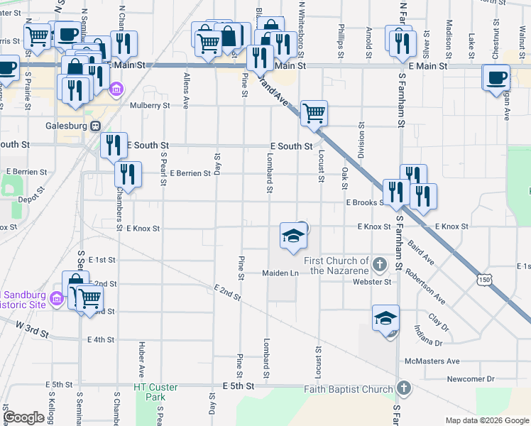 map of restaurants, bars, coffee shops, grocery stores, and more near 1024 East Brooks Street in Galesburg