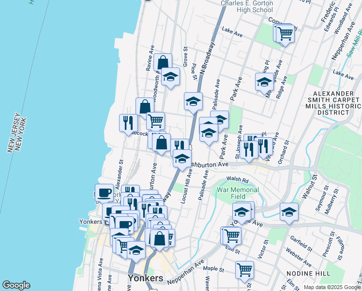 map of restaurants, bars, coffee shops, grocery stores, and more near 4 Bishop William J Walls Place in Yonkers