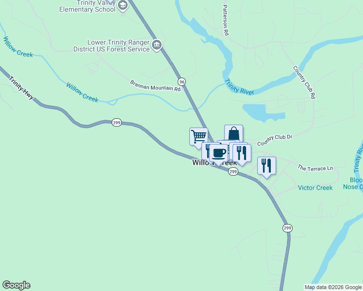 map of restaurants, bars, coffee shops, grocery stores, and more near 38883 Trinity Highway in Willow Creek