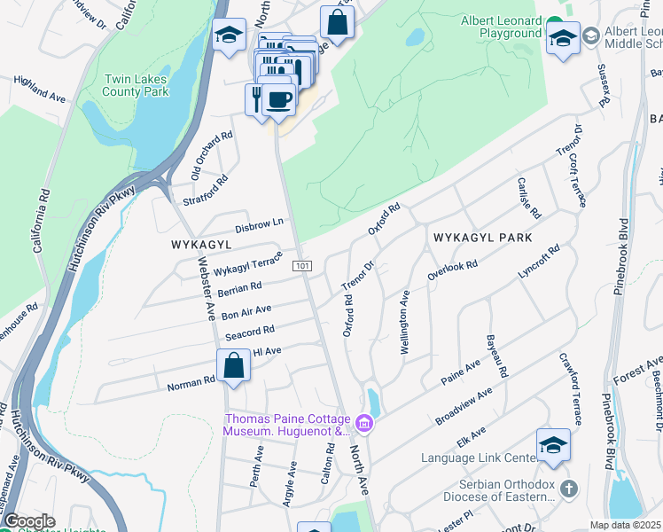 map of restaurants, bars, coffee shops, grocery stores, and more near 35 Avon Road in New Rochelle