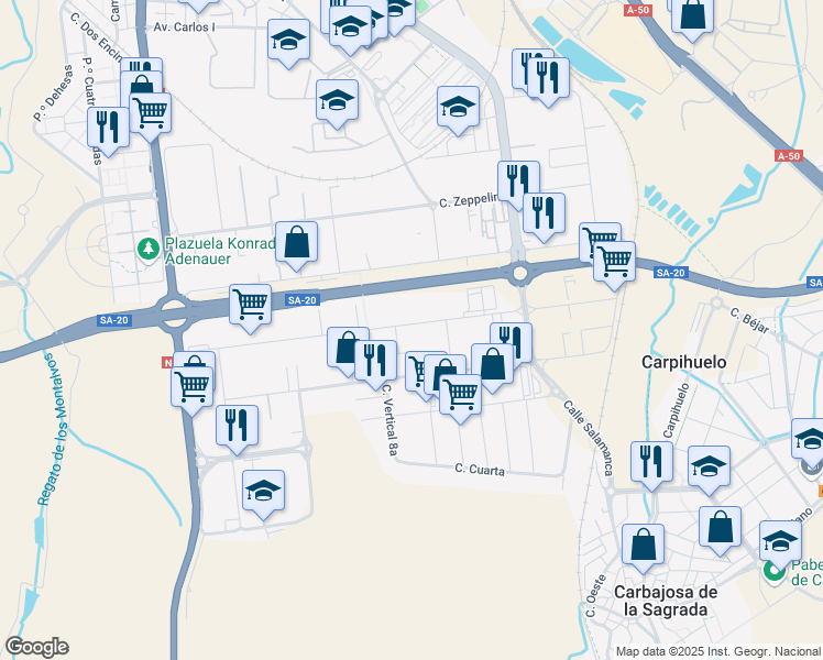 map of restaurants, bars, coffee shops, grocery stores, and more near 31 Calle Primera in Carbajosa de la Sagrada