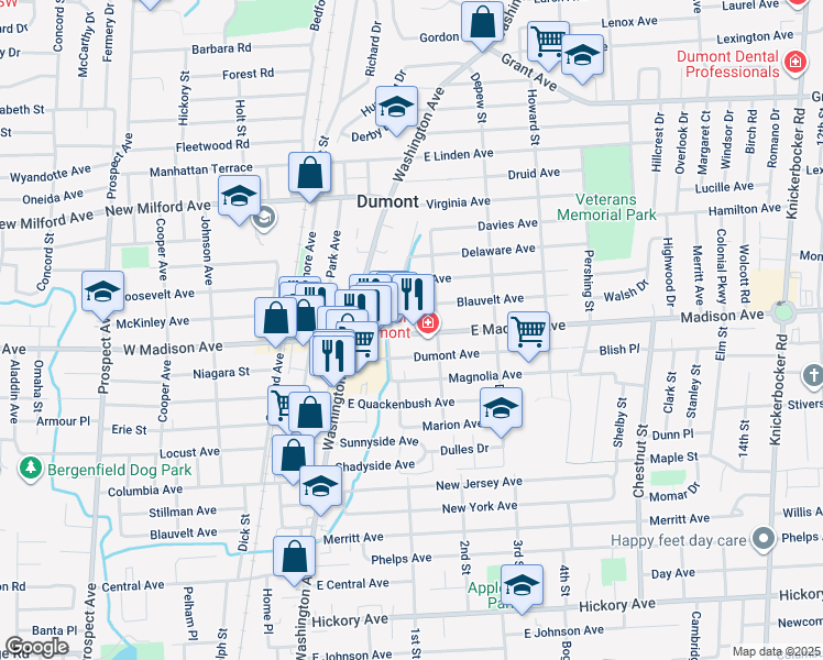map of restaurants, bars, coffee shops, grocery stores, and more near 64 East Madison Avenue in Dumont