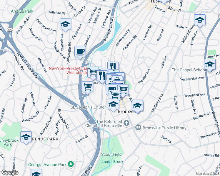 map of restaurants, bars, coffee shops, grocery stores, and more near 111 Kraft Avenue in Bronxville