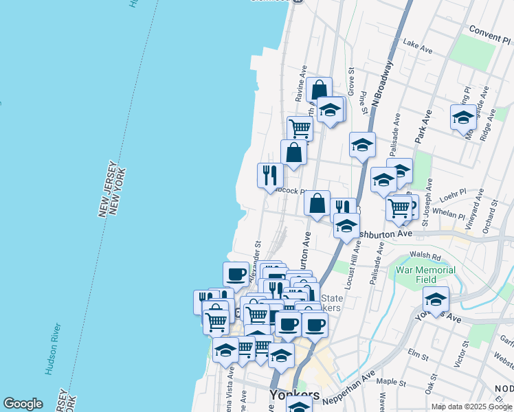 map of restaurants, bars, coffee shops, grocery stores, and more near 137 Alexander Street in Yonkers